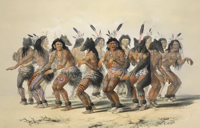 Der Bärentanz (Detail), aus Catlins Nordamerikanisches Indianer-Portfolio. Jagdszenen und Vergnügungen der Rocky Mountains und Prärien Amerikas, veröffentlicht 1845